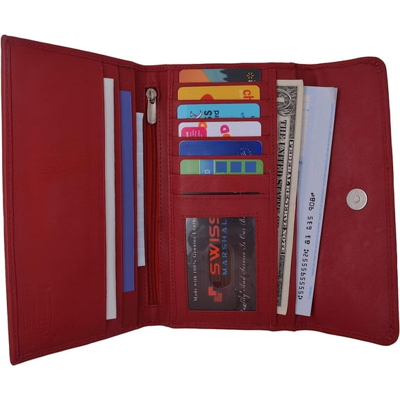 SWISS MARSHAL Ladies RFID Blocking Genuine Leather Long Clutch Credit Card ID Wallet Red