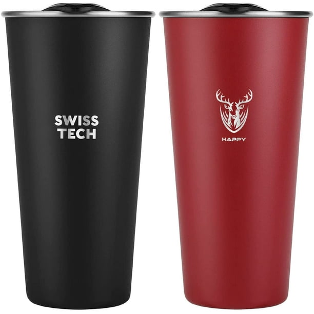 SWISS+TECH 16 oz Insulated Tumbler with Lid, 2 Pack Stainless Steel Cups, Double Wall Pint Cup