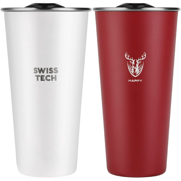 Swiss+Tech 16oz Stainless Steel Cups, 2 Pack Double Wall Pint Cup Glasses, Insulated Tumbler with Lid, Durable Cups(Red&White)