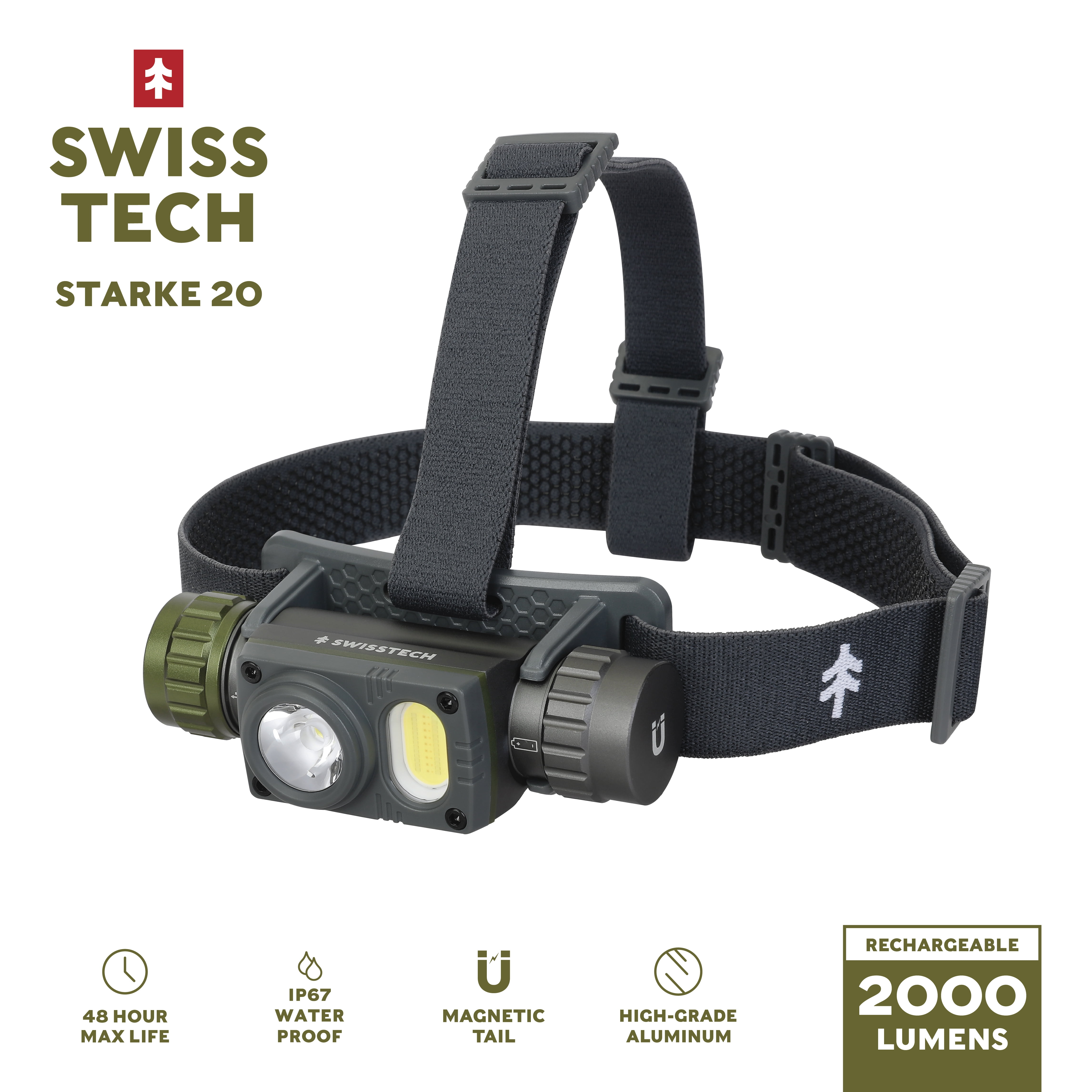 Swiss Tech STARKE 20, 2000 Lumen Rechargeable LED Headlamp with