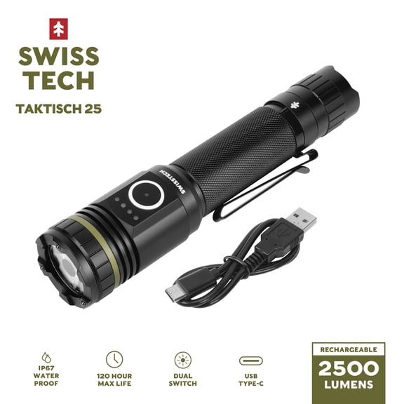 Swiss Tech TAKTISCH 2500LM Rechargeable Tactical LED Flashlight, Waterproof Aluminum