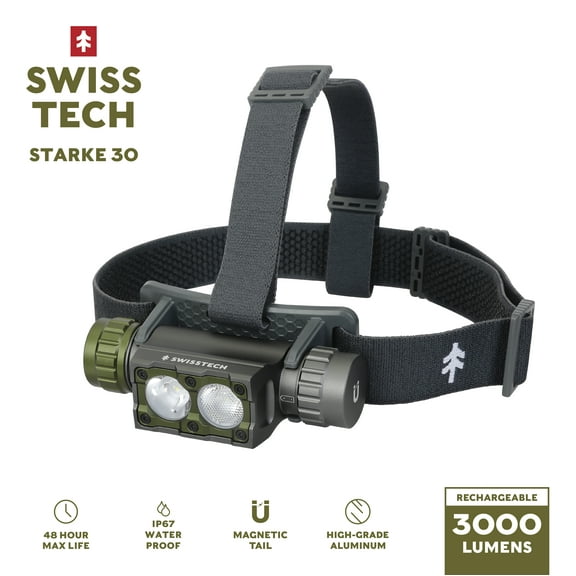 Swiss Tech STARKE 30, 3000 Lumen Rechargeable LED Headlamp with Magnetic Base