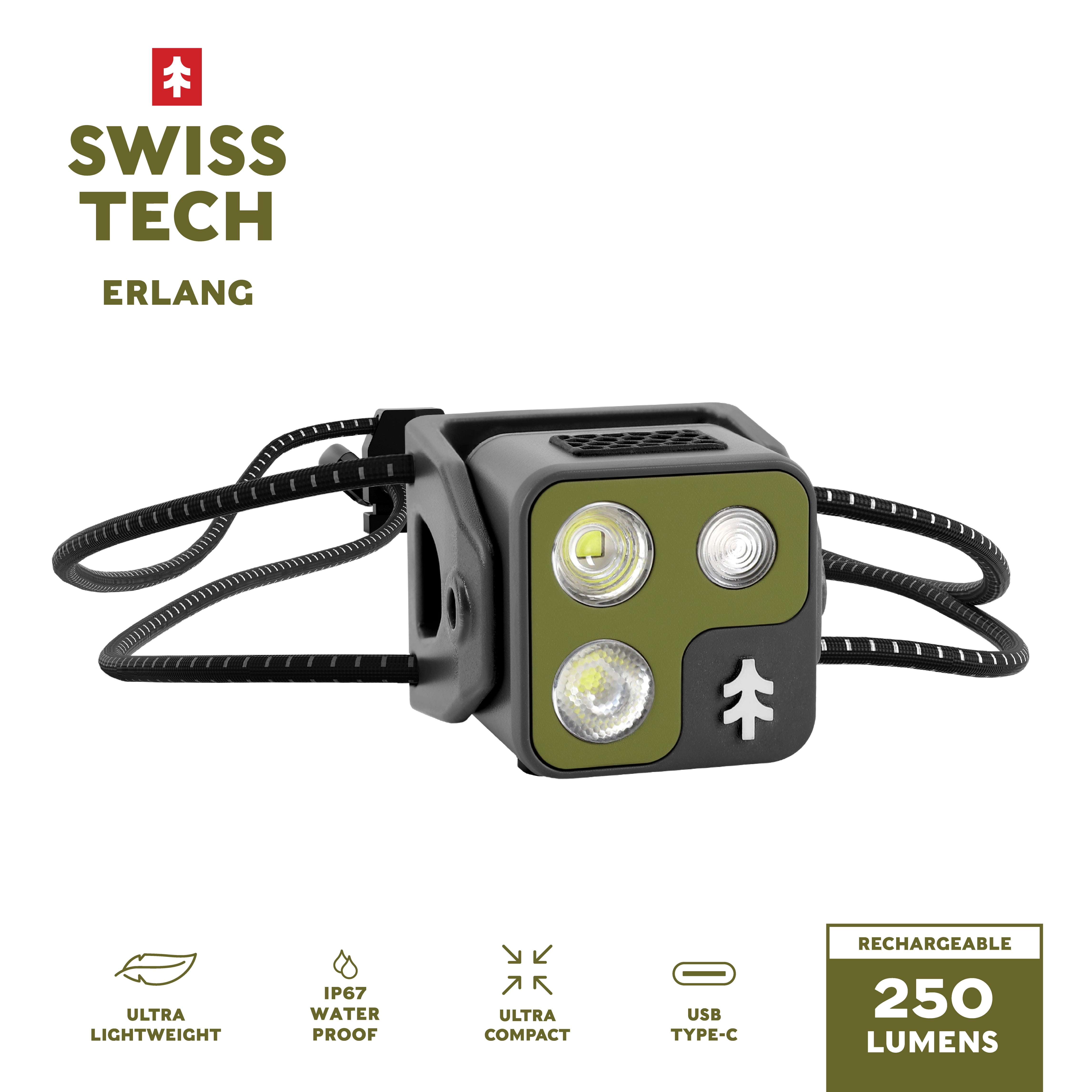 Swiss Tech ERLANG Ultra-Light 250 Lumens Rechargeable Headlamp