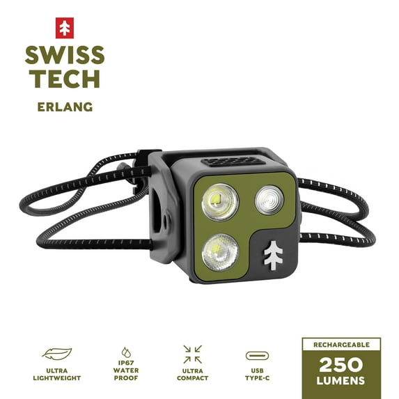 Swiss Tech ERLANG Ultra-Light 250 Lumens Rechargeable Headlamp, IP67, Swivel, Memory Mode