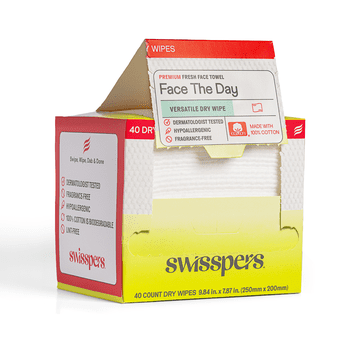 Swisspers Face the Day Dry Wipes, Disposable Facial Towels, Large 100% Cotton Makeup Remover Wipes, Dermatologist-Tested, Hypoallergenic, Soft & Strong, Fragrance-Free, Lint-Free, 40 Count