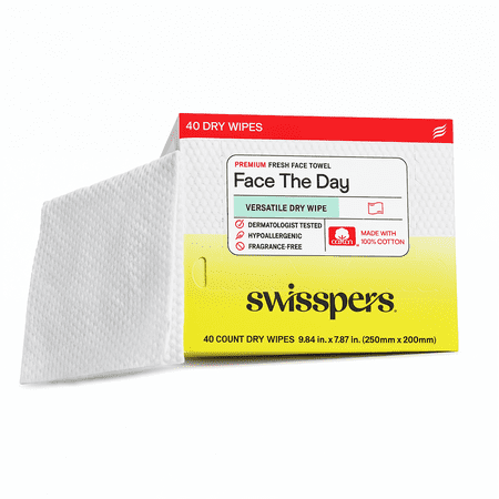 Swisspers Face the Day Dry Wipes, Disposable Facial Towels, Large 100% Cotton Makeup Remover Wipes, Dermatologist-Tested, Hypoallergenic, Soft & Strong, Fragrance-Free, Lint-Free, 40 Count