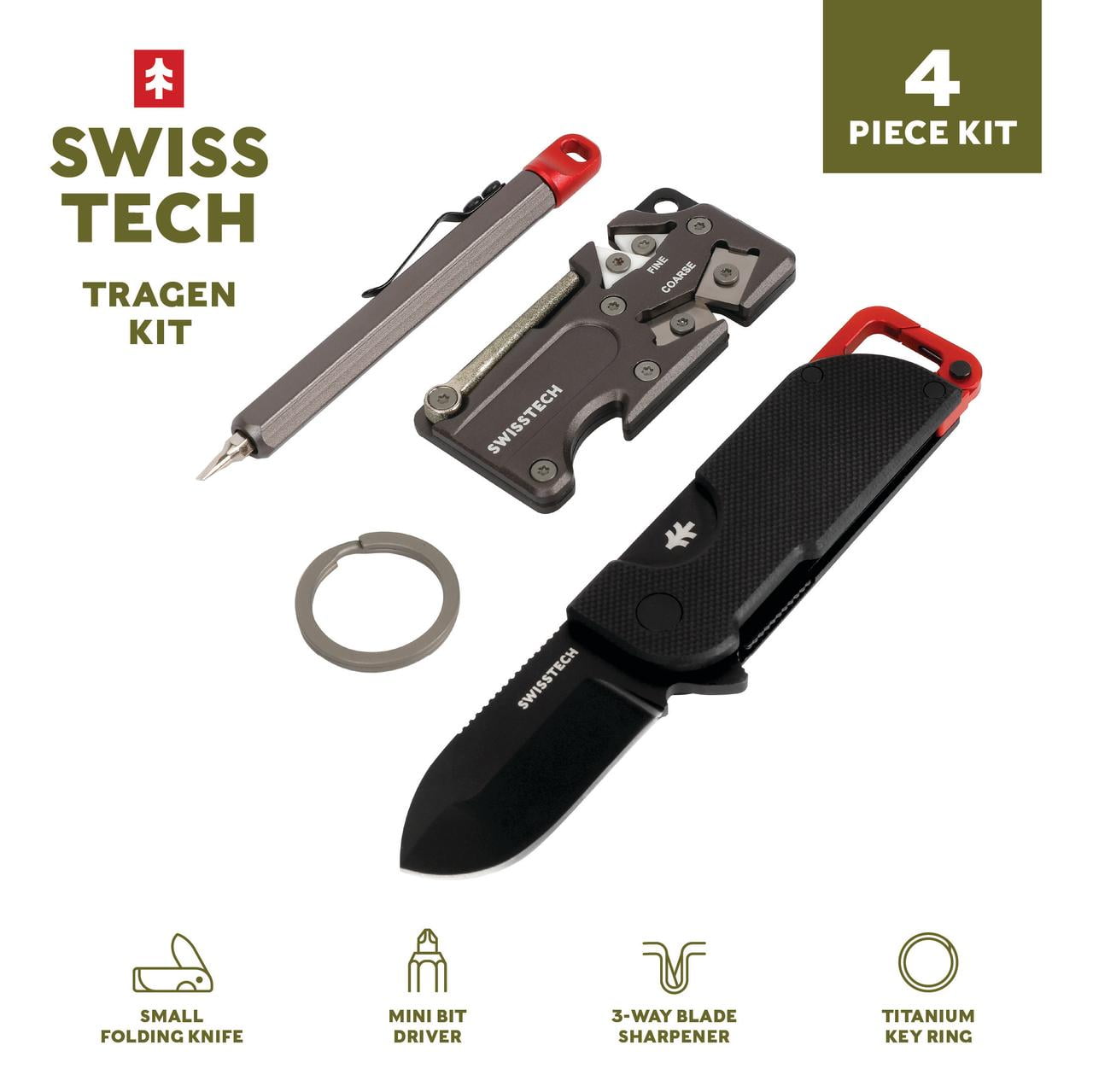 Swiss Tech Tragen Kit, Folding Knife, Blade Sharpener, Titanium Key Ring, Precision Bit Driver, Ball Bearing