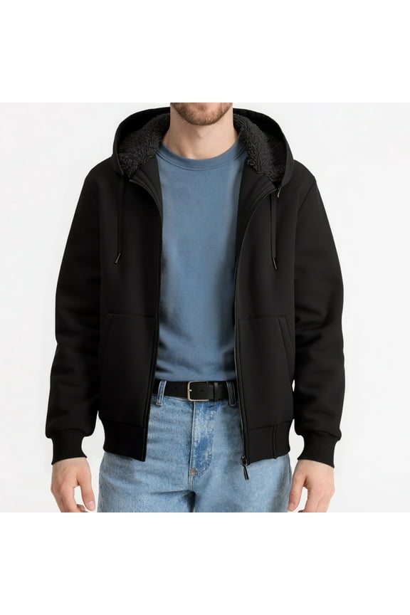 Men's Full Zip Fleece Hoodie, Men Zip Up Sherpa Lined Hoodie Mens Black Zip Up Fuzzy Jacket Winter Coats Black 3XL