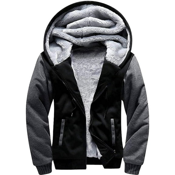 SPEEDRUN Hoodie Men Zip Up Sherpa Lined Hoodie Mens Gray Zip Up Fuzzy Jacket Winter Coats Black&Gray M