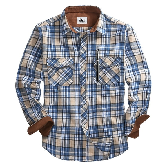 SPEEDRUN Men's Casual Plaid Shirts Button Down Long Sleeve Jackets Shirt with Chest Pocket Checked Shirt Jacket Thicker and Warmer for All Seasons Blue Beige M