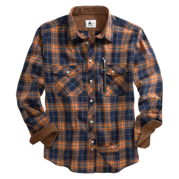 SPEEDRUN Men's Casual Plaid Shirts Button Down Long Sleeve Jackets Shirt with Chest Pocket Checked Shirt Jacket Thicker and Warmer for All Seasons Orange Navy Blue 2XL