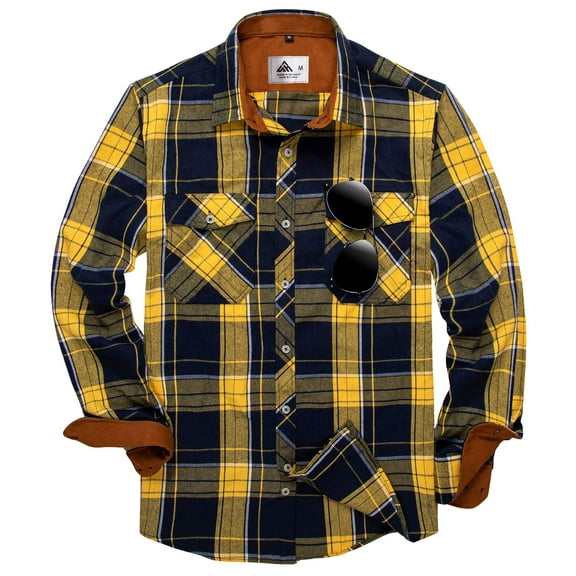 SPEEDRUN Men's Casual Plaid Shirts Button Down Long Sleeve Jackets Shirt with Chest Pocket Checked Shirt Jacket Thicker and Warmer for All Seasons Yellow Navy Blue L