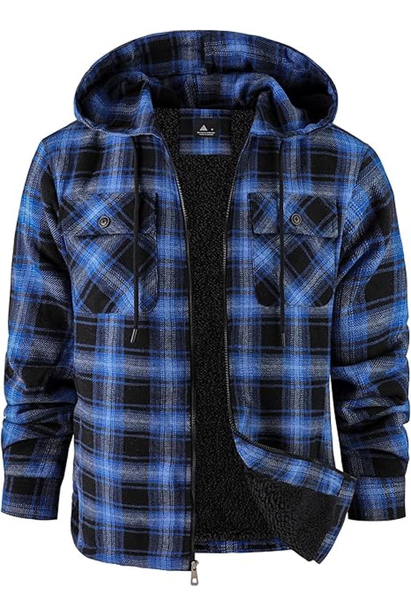 Men's Flannel Hooded Jacket Fleece Sherpa Lined Plaid Shirts Zip Up Sweatshirt Hoodies with 4 Pockets Blue M