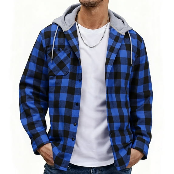 SPEEDRUN Men's Flannel Hoodie Shirt Jacket Casual Long Sleeve Button-Down Plaid Shacket Blue L