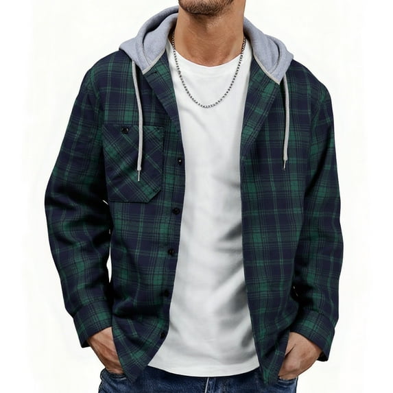 SPEEDRUN Men's Flannel Hoodie Shirt Jacket Casual Long Sleeve Button-Down Plaid Shacket GreenNavy XL