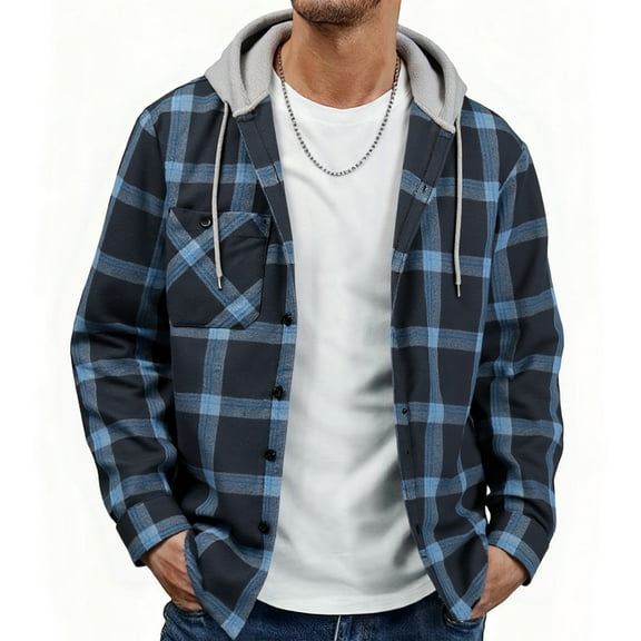 SPEEDRUN Men's Flannel Hoodie Shirt Jacket Casual Long Sleeve Button-Down Plaid Shacket Navy L