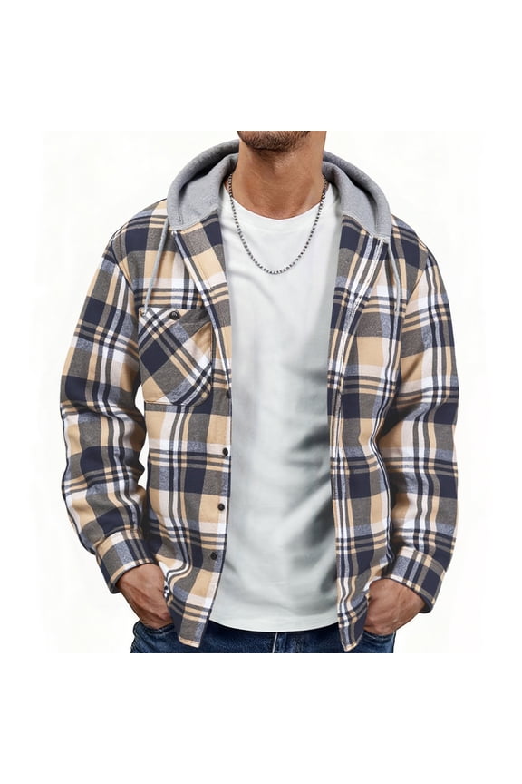 Men's Flannel Hoodie Shirt Jacket Casual Long Sleeve Button-Down Plaid Shacket NavyBeigeWhite 3XL