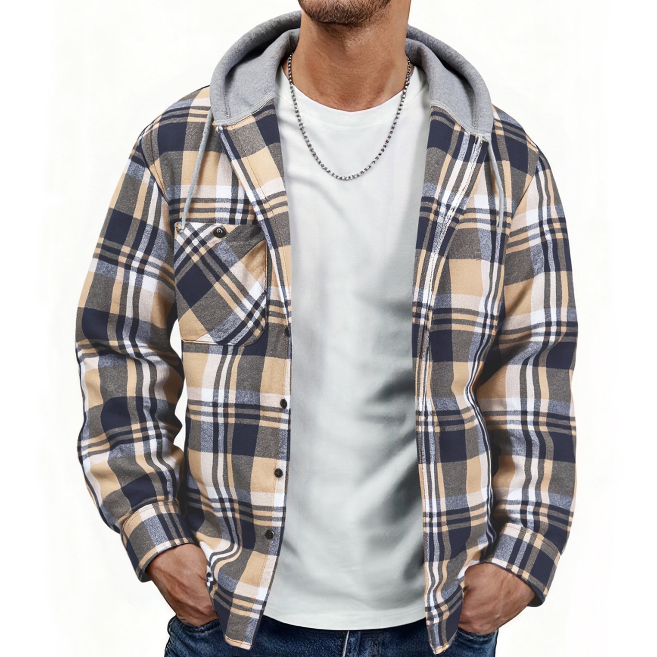 SWISSWELL Men's Flannel Plaid Hoodie Shirt, Long Sleeve, Button