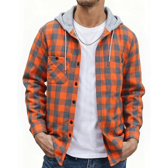 SPEEDRUN Men's Flannel Hoodie Shirt Jacket Casual Long Sleeve Button-Down Plaid Shacket Orange M