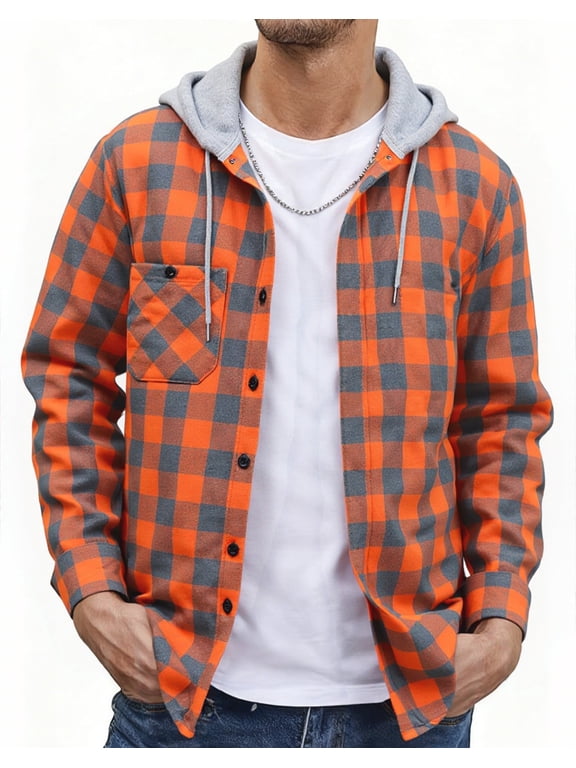 Men's Flannel Hoodie Shirt Jacket Casual Long Sleeve Button-Down Plaid Shacket Orange M
