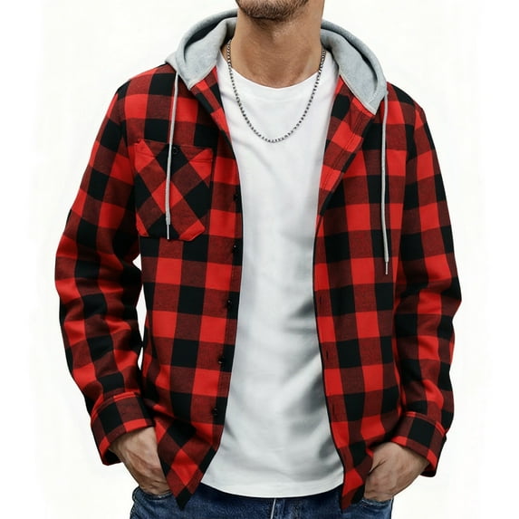 SPEEDRUN Men's Flannel Hoodie Shirt Jacket Casual Long Sleeve Button-Down Plaid Shacket Red 2XL