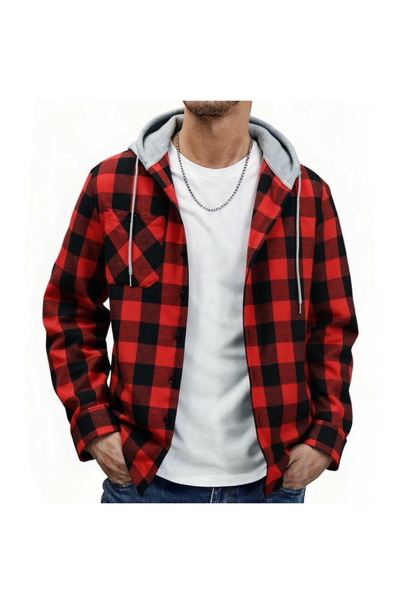 Men's Flannel Hoodie Shirt Jacket Casual Long Sleeve Button-Down Plaid Shacket Red 2XL
