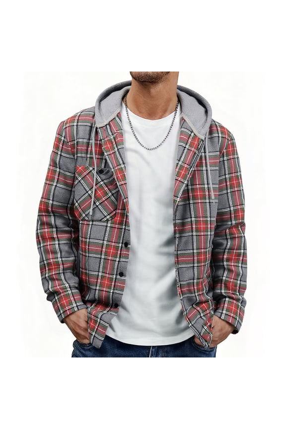 Men's Flannel Hoodie Shirt Jacket Casual Long Sleeve Button-Down Plaid Shacket RedGray M