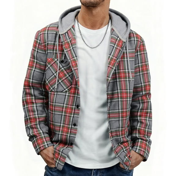 SPEEDRUN Men's Flannel Hoodie Shirt Jacket Casual Long Sleeve Button-Down Plaid Shacket RedGray XL