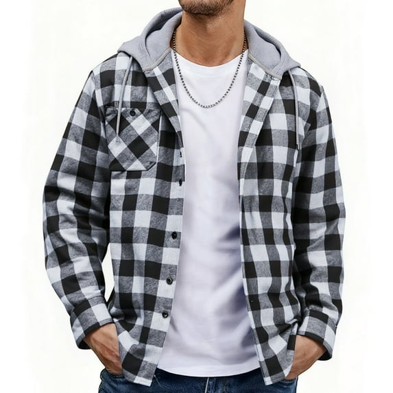 SPEEDRUN Men's Flannel Hoodie Shirt Jacket Casual Long Sleeve Button-Down Plaid Shacket White&Black XL