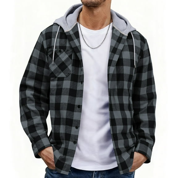 SPEEDRUN Men's Flannel Hoodie Shirt Jacket Casual Long Sleeve Button-Down Plaid Shacket White L