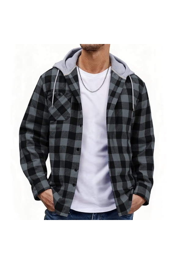 Men's Flannel Hoodie Shirt Jacket Casual Long Sleeve Button-Down Plaid Shacket White L