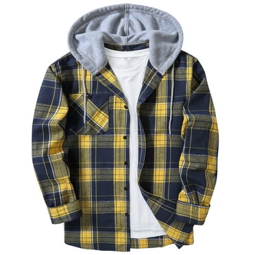 SWISSWELL Men's Flannel Hoodie Shirt Jacket Casual Long Sleeve Button-Down Plaid Shacket Yellow&Navy 2XL