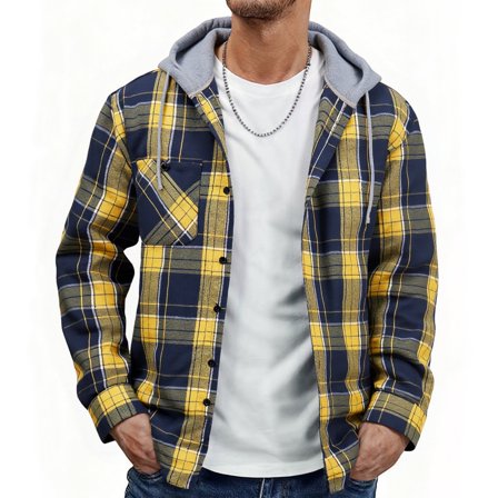 SPEEDRUN Men's Flannel Hoodie Shirt Jacket Casual Long Sleeve Button-Down Plaid Shacket Yellow&Navy 2XL