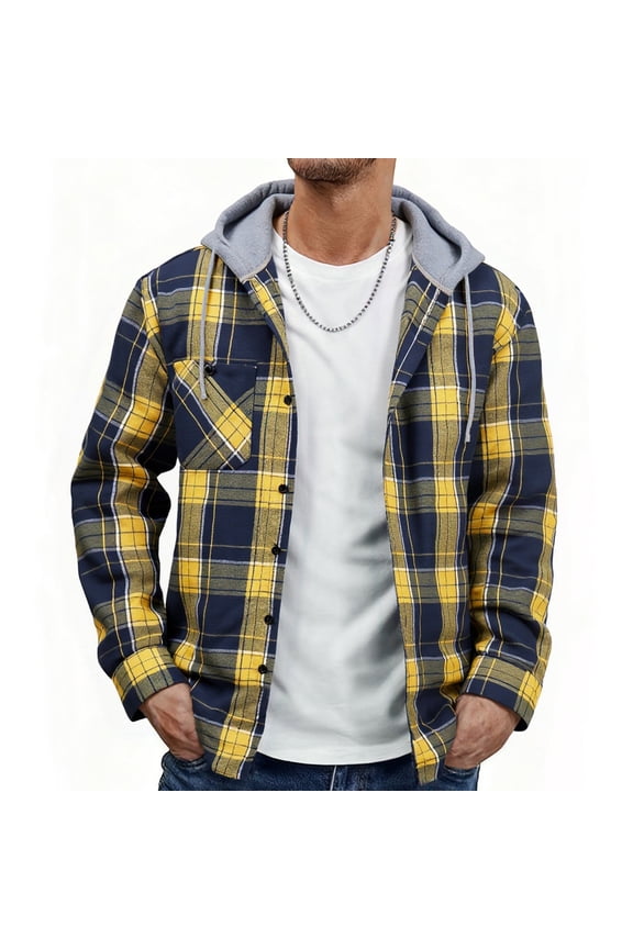 Men's Flannel Hoodie Shirt Jacket Casual Long Sleeve Button-Down Plaid Shacket Yellow&Navy 2XL