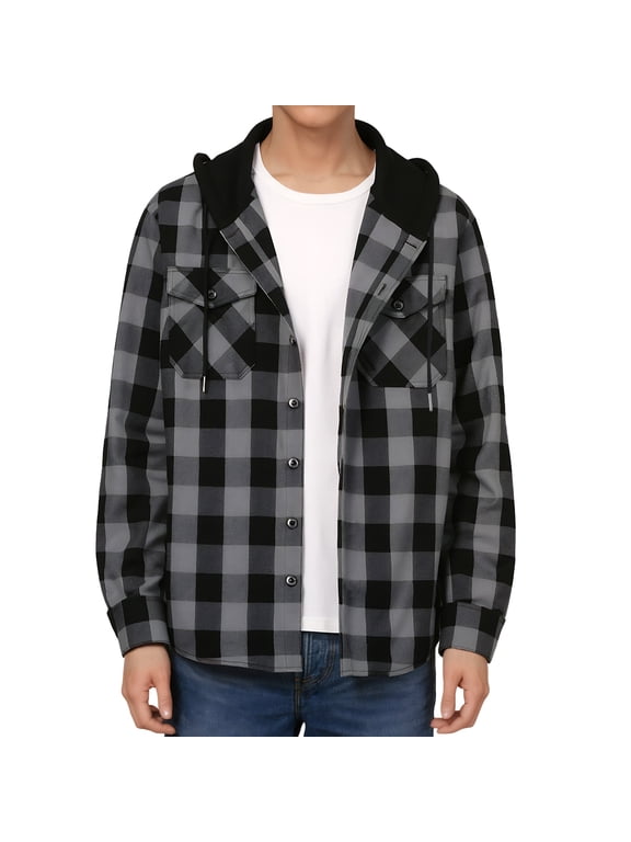 Men's Flannel Hoodie Shirts Casual Button Down Plaid Shirt Jackets for Men Long Sleeve Hooded Gray XL