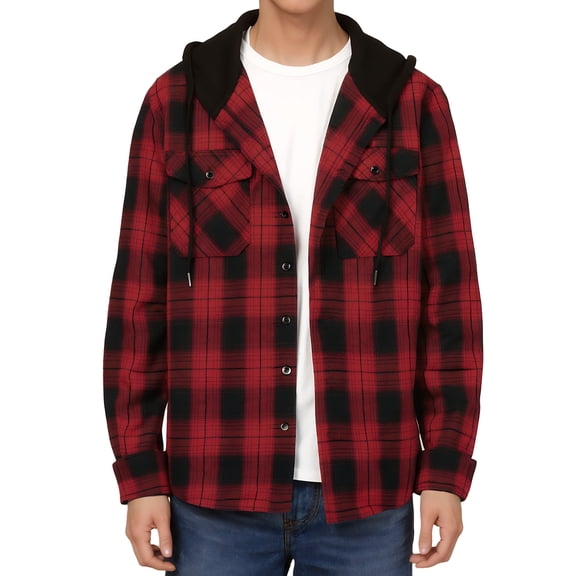 SPEEDRUN Men's Flannel Hoodie Shirts Casual Button Down Plaid Shirt Jackets for Men Long Sleeve Hooded Red M
