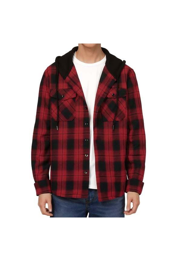 Men's Flannel Hoodie Shirts Casual Button Down Plaid Shirt Jackets for Men Long Sleeve Hooded Red XL