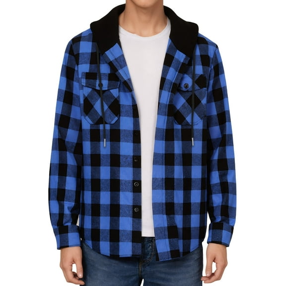 SPEEDRUN Men's Flannel Hoodie Shirts Casual Button Down Plaid Shirt Jackets for Men Long Sleeve Hooded with Pocket,Blue 2XL