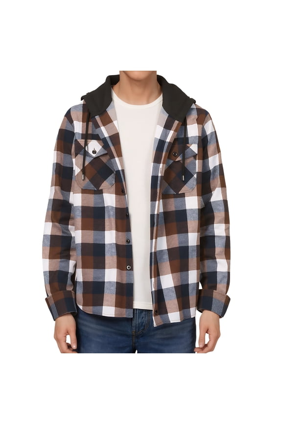 Men's Flannel Hoodie Shirts Casual Button Down Plaid Shirt Jackets for Men Long Sleeve Hooded with Pocket,Brown L