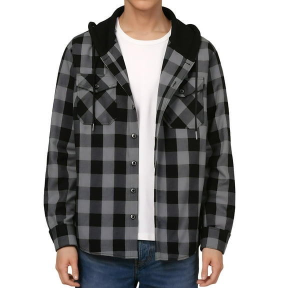 SPEEDRUN Men's Flannel Hoodie Shirts Casual Button Down Plaid Shirt Jackets for Men Long Sleeve Hooded with Pocket, Deep Grey M
