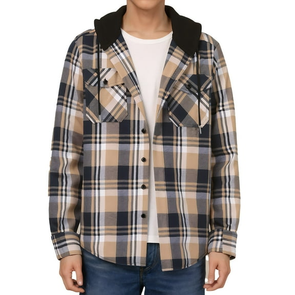 SPEEDRUN Men's Flannel Hoodie Shirts Casual Button Down Plaid Shirt Jackets for Men Long Sleeve Hooded with Pocket, NavyBeige 3XL