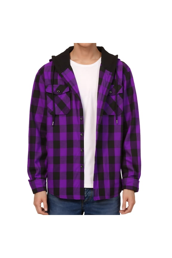 Men's Flannel Hoodie Shirts Casual Button Down Plaid Shirt Jackets for Men Long Sleeve Hooded with Pocket, Purple L
