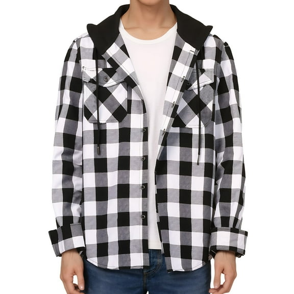 SPEEDRUN Men's Flannel Hoodie Shirts Casual Button Down Plaid Shirt Jackets for Men Long Sleeve Hooded with Pocket, White L