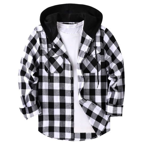 SPEEDRUN Men's Flannel Hoodie Shirts Casual Button Down Plaid Shirt Jackets for Men Long Sleeve Hooded with Pocket, White M