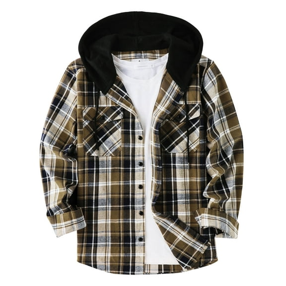SPEEDRUN Men's Flannel Hoodie Shirts Casual Button Down Plaid Shirt Jackets for Men Long Sleeve Hooded with Pocket, Yellow M