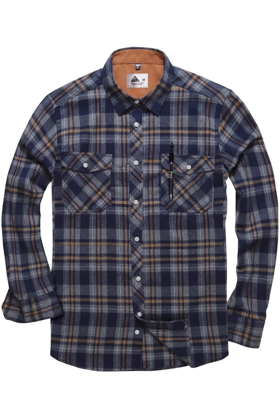 Men's Flannel Shirts Cotton Long Sleeve Shirt Casual Button Down Shirts with 2 Pockets Size L