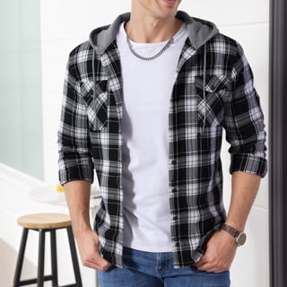 SPEEDRUN Men's Hooded Flannel Shirt for Men Plaid Shirts Long Sleeve Button-Down Flannel Jacket Hoodie, Black&White L