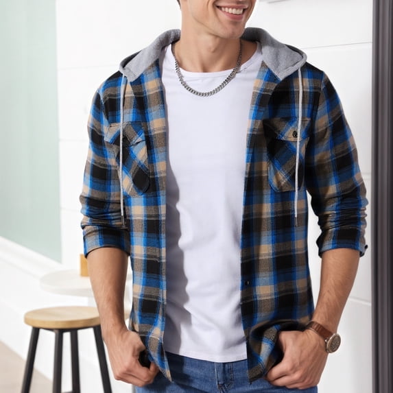 SPEEDRUN Men's Hooded Flannel Shirt for Men Plaid Shirts Long Sleeve Button-Down Flannel Jacket Hoodie, Blue L