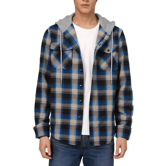 SPEEDRUN Men's Hooded Flannel Shirt for Men Plaid Shirts Long Sleeve Button-Down Flannel Jacket Hoodie, Blue&Brown XL
