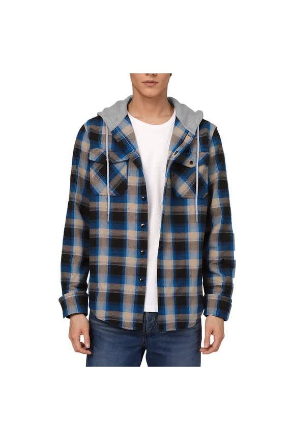 Men's Hooded Flannel Shirt for Men Plaid Shirts Long Sleeve Button-Down Flannel Jacket Hoodie, Blue&Brown XL